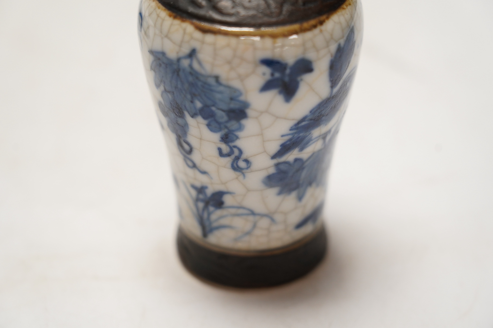 Chinese blue and white ceramics comprising crackle glaze vases and circular seal pots (4). Condition - fair to good, a few minor chips